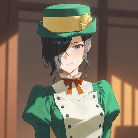 (best_quality, detailed, masterpiece, very_aesthetic, absurdres), general, m.q \(mqkyrie\), (zuharu:0.5)
BREAK
1girl, small breasts, upper_body, adult, ambient occlusion, ray tracing, shiny skin, blurry background, drop shadow
BREAK
mayonesh, hat, black hair, medium hair, hair over one eye, grey eyes, green dress, puffy sleeves, black gloves