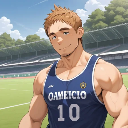 masterpiece,best quality,absurdres,newest,perfect quality,best quality,absolutely eye-catching,detailed background,intricate details,male focus,solo,Ishikawa EIKISHI, 1boy, Brown hair,black eyes, thick eyebrows, facial hair, muscular body,outdoors,soccer tank top, smile,