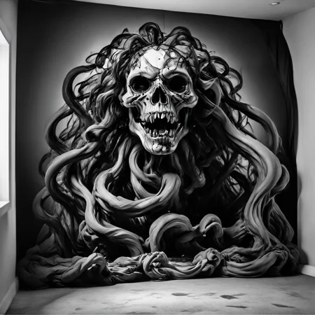 An Eldritch horror in a closet, monochrome, greyscale, 8k resolution, best quality <lora:Gloom-step00000900:1>