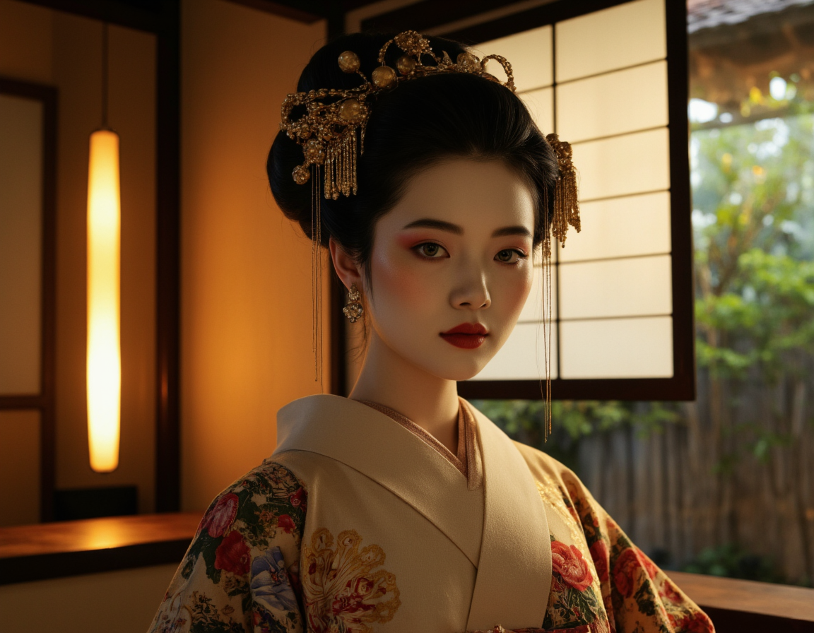  <lora:{people, }People:0.85> people, A highly detailed, 4K photorealistic image of a traditional Japanese Geisha, with porcelain-like skin, delicate features, and piercing green eyes, adorned in an exquisite, hand-painted kimono with intricate golden accents and subtle, shimmering silk textures. Her raven-black hair is styled in an elaborate, ornate updo, adorned with delicate, sparkling hairpins and a few strategically placed, loose strands framing her heart-shaped face. She wears subtle, understated makeup, with a soft, enigmatic smile playing on her lips, conveying a sense of quiet mystery and elegance. The lighting is soft and warm, with a golden glow emanating from a nearby paper lantern, casting delicate, lacy shadows on her face and the surrounding environment. The scene is set in a serene, traditional Japanese tea house, with natural wood accents, sliding shoji screens, and delicate, hand-painted ceramics, all rendered in exquisite, hyper-detailed textures and colors. In the background, a blurred, impressionistic view of a lush, vibrant garden hints at the tranquil, natural surroundings. The shot is a close-up, slightly low-angle portrait, emphasizing the Geisha's refined features and dignified demeanor. The overall mood is one of serene, contemplative elegance, with a deep sense of tradition and cultural heritage. The image features a shallow depth of field, focusing sharply on the Geisha's face while softly blurring the background, with subtle, nuanced texture and rendering that invites the viewer to explore every delicate detail. 8k highest resolution with sharp intricate details. Hyperrealistic, detailed, and vivid. . 35mm photograph, film, bokeh, professional, 4k, highly detailed