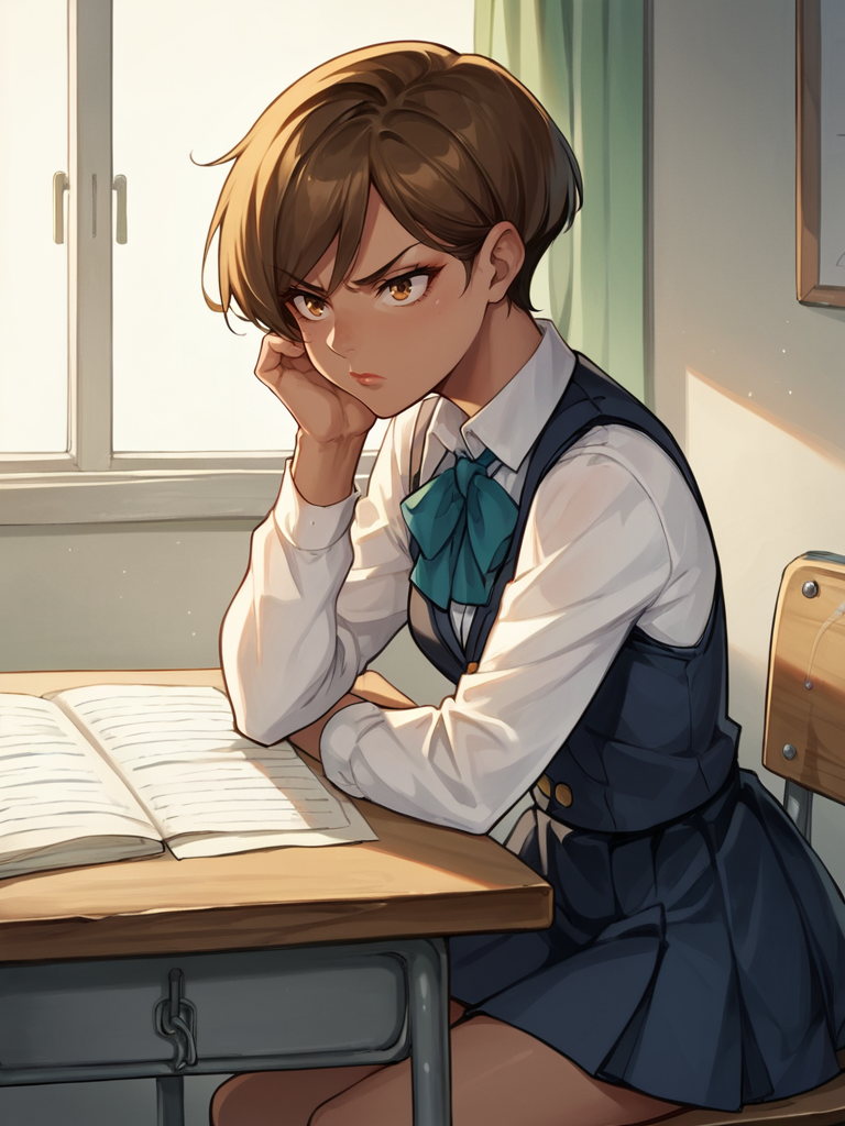score_9, score_8_up, score_7_up, score_6_up, score_5_up, score_4_up, source_anime BREAK
1girl, female focus, <lora:Sylvia3:0.85>, small breasts, brown skin, school girl outfit, sitting at desk, annoyed,âââ