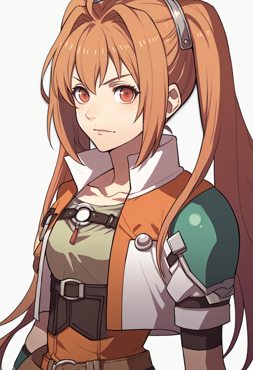 score_9, score_8_up, score_7_up, source_anime BREAK 1girl, solo,
<lora:zs_FE3HPortraitsXL:1> fe3hportraits, upper body, white background, looking at viewer,
<lora:estelle-pdxl-nvwls-v1:1>  scEstelle, twintails, cropped jacket, orange and white jacket, green shoulder pad, tan shirt, orange skirt, belt, white thighhighs, brown gloves,