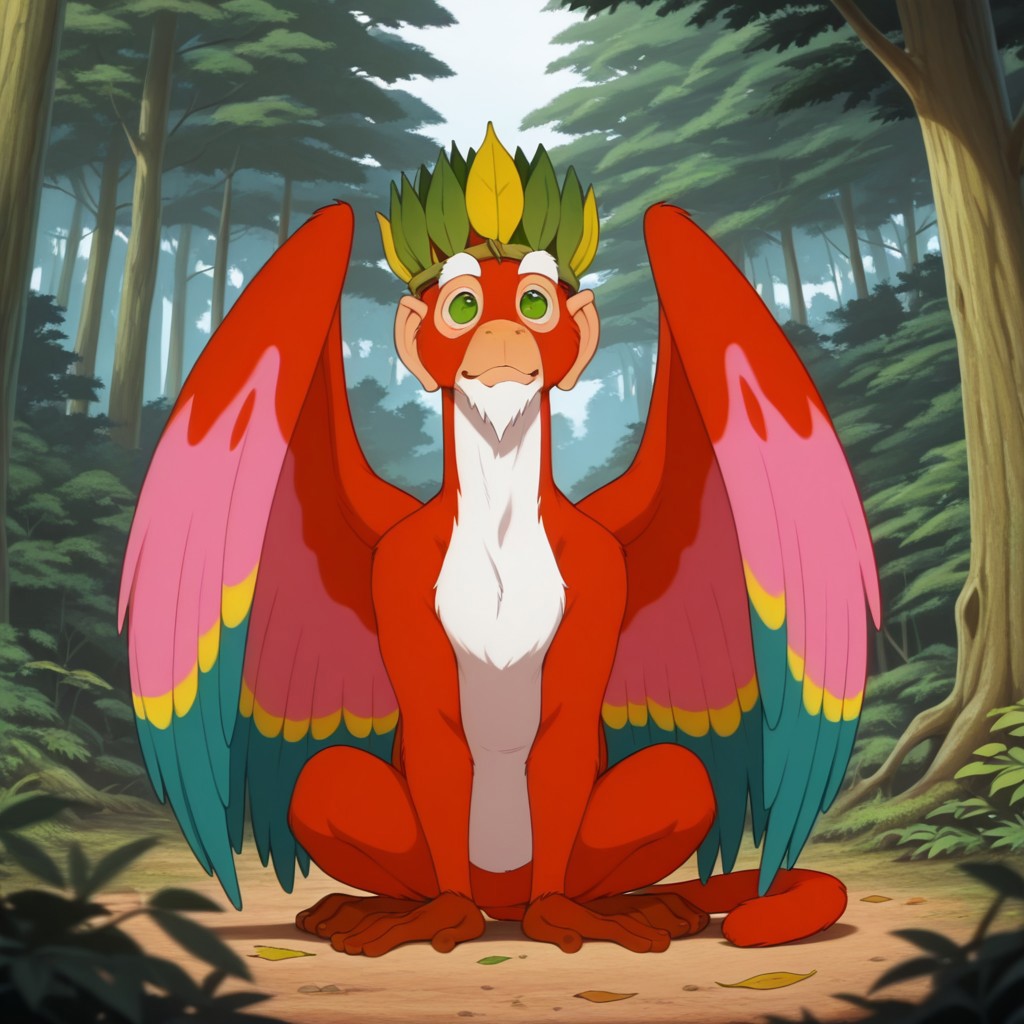 ((masterpiece, best quality, amazing quality,)) NiddlerPoDWil, semi-anthro, male, avian monkey, red feathers, wings, green eyes, white goatee, forest, leaf crown