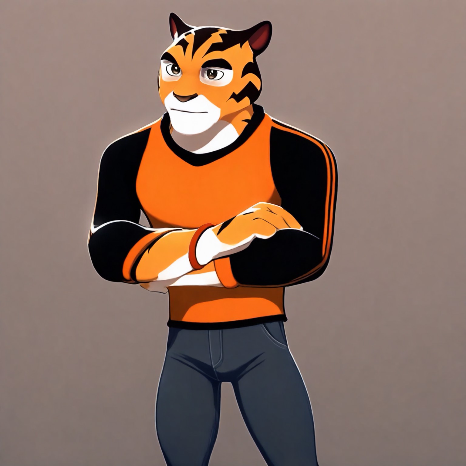 Tag, tiger boy, furry male, tiger ears, brown eyes, multicolored fur, white patches around eyes, white area on lower face that extends down neck, white palms, orange fur, brown stripes, thick eyebrows, blunt brown nose, tall, muscular, grey jeans, orange shirt, black sleeves, orange stripes that run down from shoulders, orange cuffs, black shoes with orange soles, arms crossed, masterpiece, best quality, amazing quality, male, looking at viewer, broad shoulders,