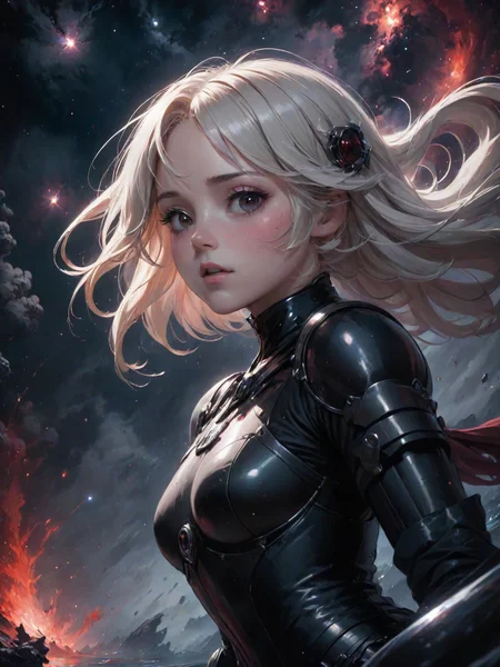 a quite night at the lake, by krenz cushart and mucha and akihito yoshida and greg rutkowski, nier:automata inspired, bravely default inspired, vibrant but dreary but upflifting red, black and white color scheme!!! space nebula background, highly detailed portrait, digital painting, artstation, concept art, smooth, <lora:LCM_LoRA_Weights:0.7>