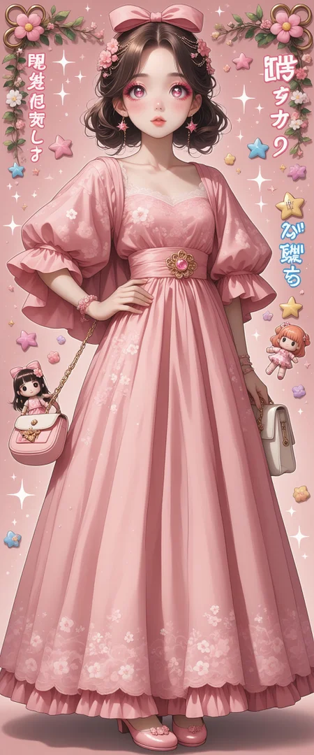 score_9, score_8_up, score_7_up, source_anime, ((fullbody)) 1girl, solo, ((Licca-chan : 1.2)), moe, kawaii, cute, doll, doll joints, big sparkling eyes, detailed lips, makeup, hands on hips, holding, holding purse, fashion, ((doll_clothes)), (princess), gown, ((ornate floral print puffy gown with ribbons and rococo lace trim)), accessories, hair ornaments, too many hair ornaments, simple background, print background, pastel background, (pastel pink floral and bubble shoujo manga background), pastel pink floral print background, bubbles, text, text captions, ((Japanese text)), wide shot, pastel colors, hearts, star (symbol), music notes, sparkles, glitter, rainbow, <lora:19a618b0-9c60-490e-984c-201466b5ed8f:0.7>, <lora:d10e6385-a080-4735-a8cf-9b683731baca:0.7>, <lora:7fa89c10-5601-4ced-9e6d-e50019f5aa4b:0.5>, <lora:678b49e2-f537-4298-8f86-c8e5267b2ed7:0.4>, <lora:ab19ebf7-99b5-4dc4-8f50-e9330005ed10:0.4>, <lora:84bda6d4-87ea-4e5d-aca1-a8c93279c7f8:0.3>, <lora:e485f886-377e-4727-92e3-947262a0784f:0.3>, <lora:8d8e797e-3e48-41d5-8922-0b031275dd43:0.3>, , , , , , , , , , , ,