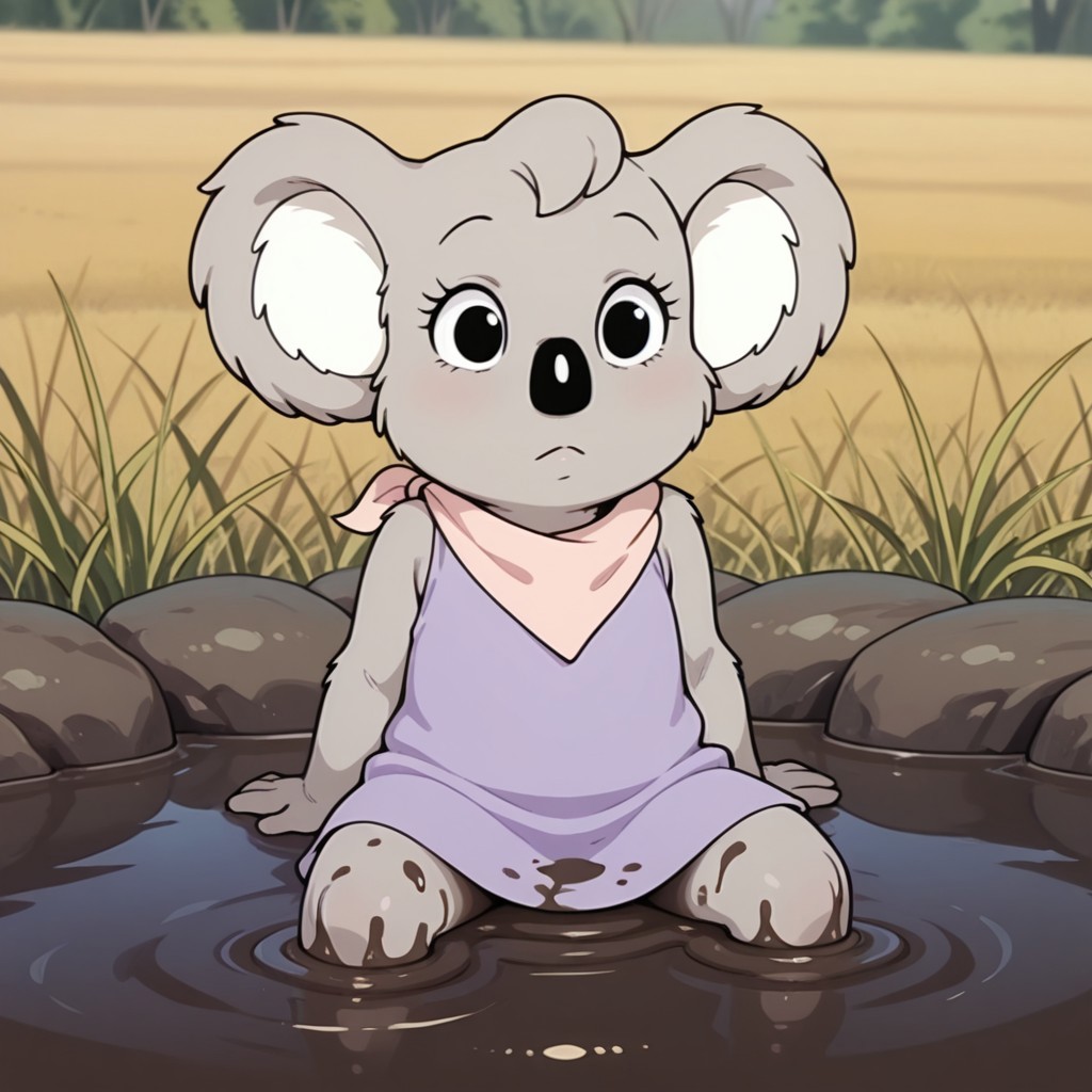 masterpiece, best quality, amazing quality, Nutsybbil, semi-anthro, female, Koala, tan fur, black eyes, purple dress, pink neckerchief, sitting, outside, covered in mud