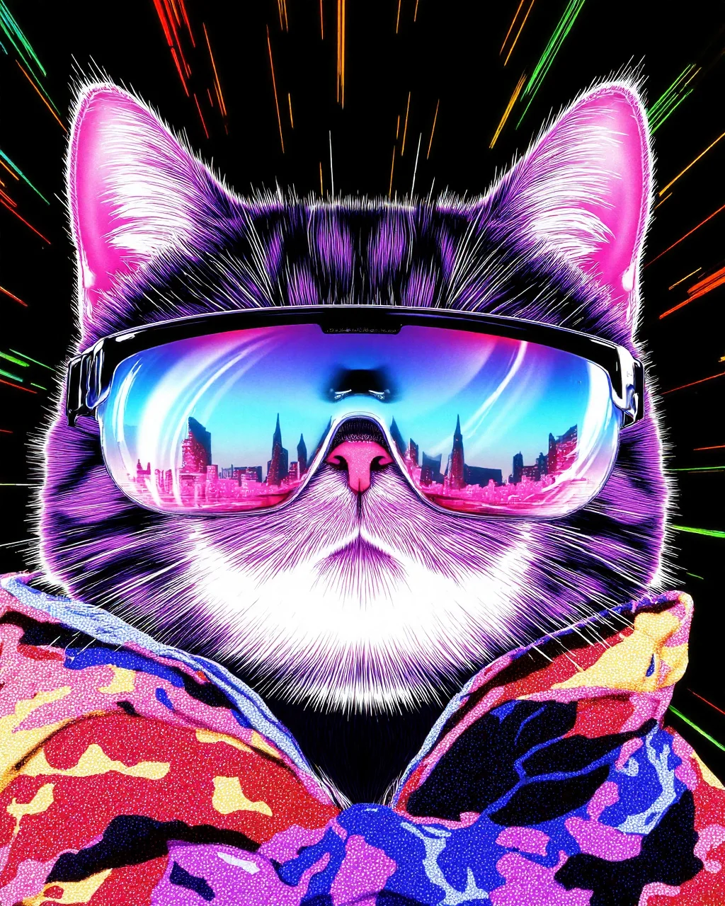 a b4tz cat, polarized glasses, ethereal ray traced lighting, Colourful Black aesthetic, art by Yoshitoshi ABe and Ayami Kojima, the image is calming and peaceful <lora:Flux-b4tz:1.0> <lora:UltraRealPhoto:1>