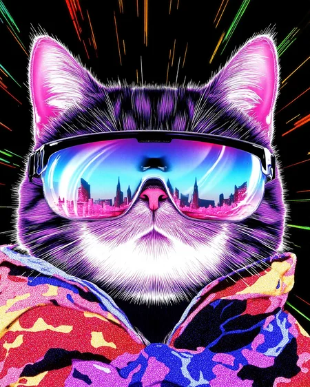 a b4tz cat, polarized glasses, ethereal ray traced lighting, Colourful Black aesthetic, art by Yoshitoshi ABe and Ayami Kojima, the image is calming and peaceful <lora:Flux-b4tz:1.0>  <lora:UltraRealPhoto:1>