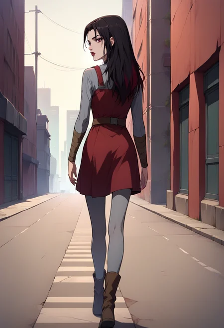 score_9, score_8_up, score_7_up,score_6_up, source_anime,sinozick style, g4n1m3, <lora:Sinozick_Style_XL_Pony:0.6> <lora:g4n1m3XLP:0.75>
BREAK
circe, 1girl,short dress, two-tone hair, makeup, black hair, grey pantyhose, brown eyes, city,walking, ankle boots,back view, looking back, grey sleeves, long hair, <lora:circe-08:1>