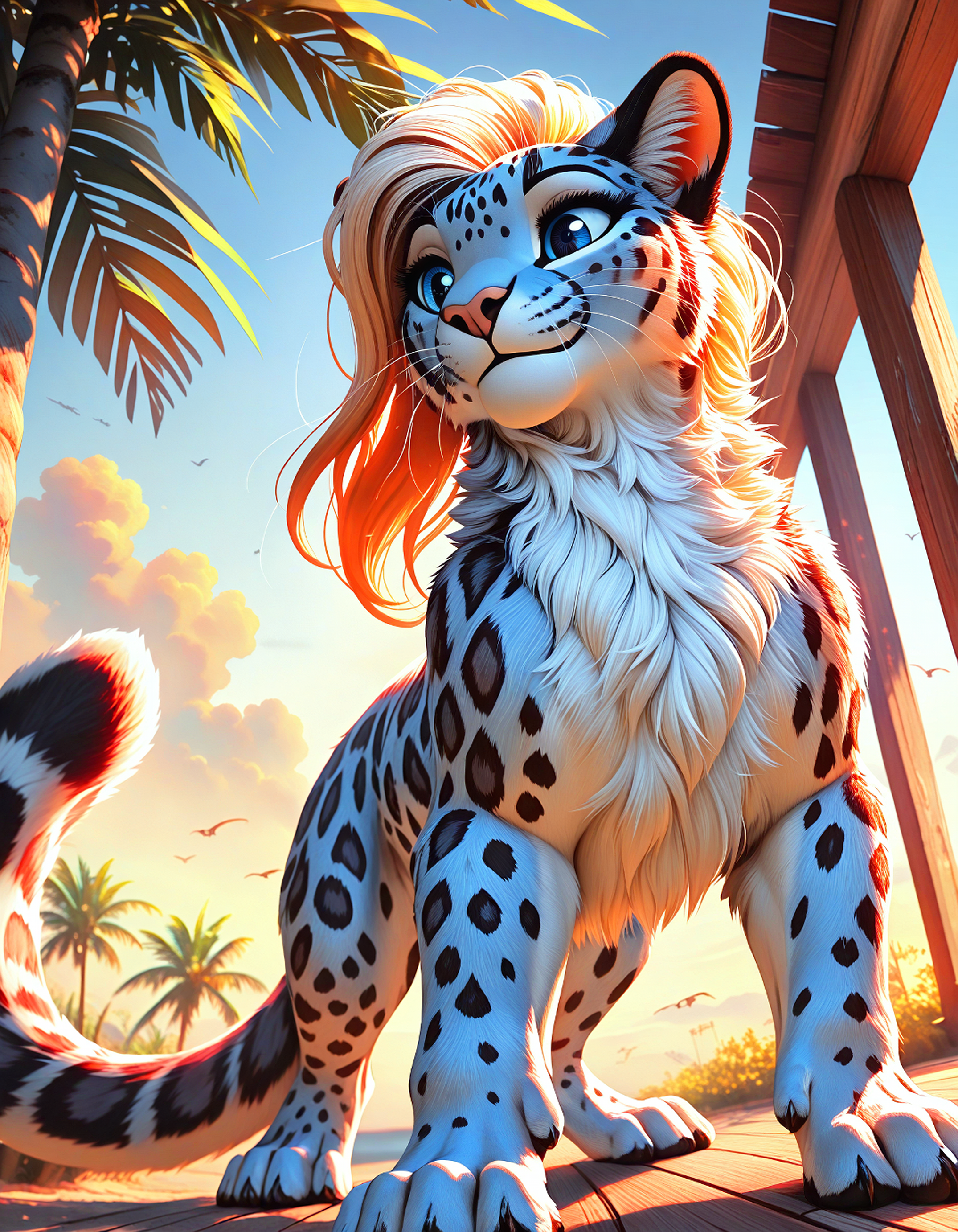 masterpiece, best quality, amazing quality, very aesthetic, absurdres, volumetric lighting, A stunning digital painting of a majestic leopard with striking blue eyes, standing on a rocky outcrop in the middle of the frame. The leopard's coat is a mix of black and white spots, and its powerful stance is commanding attention. The background is a clear blue sky with a few birds flying around, adding a sense of movement and energy to the scene. The lighting is soft and diffused, casting gentle shadows on the leopard and its surroundings. The image is highly detailed and realistic, with a focus on the animal's fierce and powerful presence.