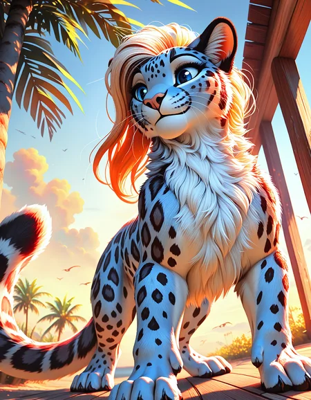 masterpiece, best quality, amazing quality, very aesthetic, absurdres, volumetric lighting, A stunning digital painting of a majestic leopard with striking blue eyes, standing on a rocky outcrop in the middle of the frame. The leopard's coat is a mix of black and white spots, and its powerful stance is commanding attention. The background is a clear blue sky with a few birds flying around, adding a sense of movement and energy to the scene. The lighting is soft and diffused, casting gentle shadows on the leopard and its surroundings. The image is highly detailed and realistic, with a focus on the animal's fierce and powerful presence.