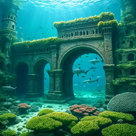 **amazing digital artwork** depicting an underwater fantasy landscape where sharks is chasing fish swarm crowded underwater castle life Coral's under plants with long leaves entrance to secret garden, tiny fishes shadow of warrior. The scene unfolds in a dreamlike realm, where the **ruins of ancient civilization** emerge from the depths. This ancient underwater civilization is captured in stunning detail, with **coral-covered columns** and **stone arches** that hint at its former glory. The artwork should convey a sense of mystery and timelessness, inviting the viewer to explore the **sunken secrets** of this once-majestic city."
This picture is designed to inspire the creation of a captivating and immersive underwater scene, rich with the lore of Atlantis. dark, chiaroscuro, low-key, catastrophe, ruined, collapsed, flooded