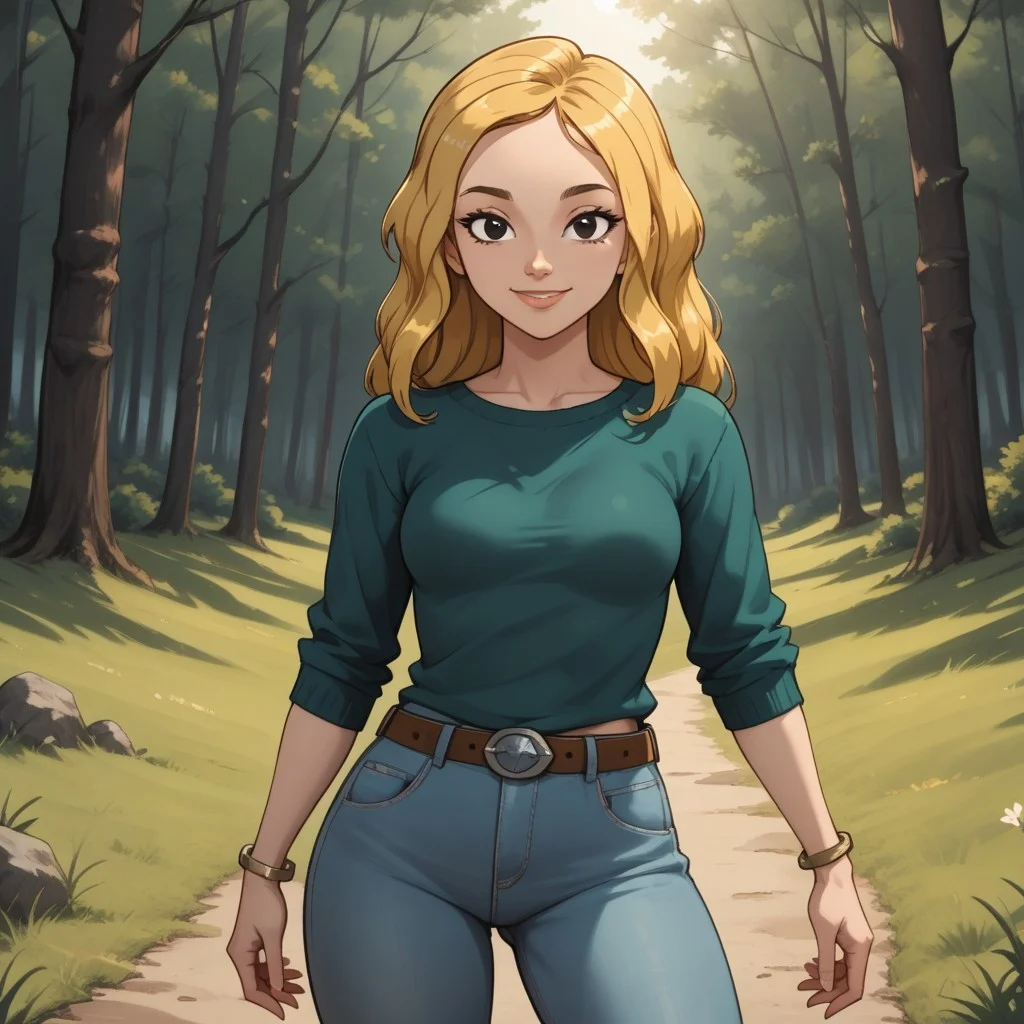score_9, score_8, BREAK, solo, dark green sweater, cyan undershirt, light blue jeans, belt, bracelet, blonde hair, black eyes, lips, breasts, black and white shoes, total drama, Carrie_(Total_Drama), tdtrr, cute, sexy pose, self portrait, smile, outdoors, sunlight, shadows, evening lighting, natural lighting, forest, trees, grass, orange sky, sunset