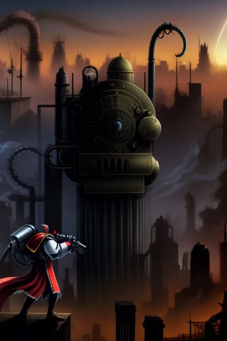 ((masterpiece,best quality)), absurdres, BREAK
mechanical arms, robes, hood, BREAK
((techpriest)), cyborg, mechanical face, mechanical limbs, gas mask, mechanical tentacles, (mechanical backpack), BREAK
1other, solo, holding pistol, firearm, handgun, pistol, gun, BREAK
factory background, smoggy sky, air pollution, smokestacks, BREAK
(Batman_the_animated_series )