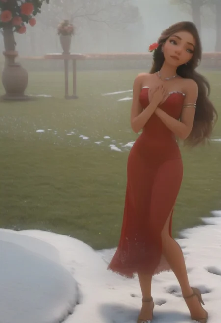 em5588, best illustration, illustration, masterpiece, best quality, ultra-detailed, photo of beautiful woman ,seductive, red dress. ,in the park, flowers, Spring, ((snow and flowers, masterpiece)) (best quality) (detailed) (8k) (HDR) (wallpaper) (cinematic lighting) (sharp focus) (intricate)