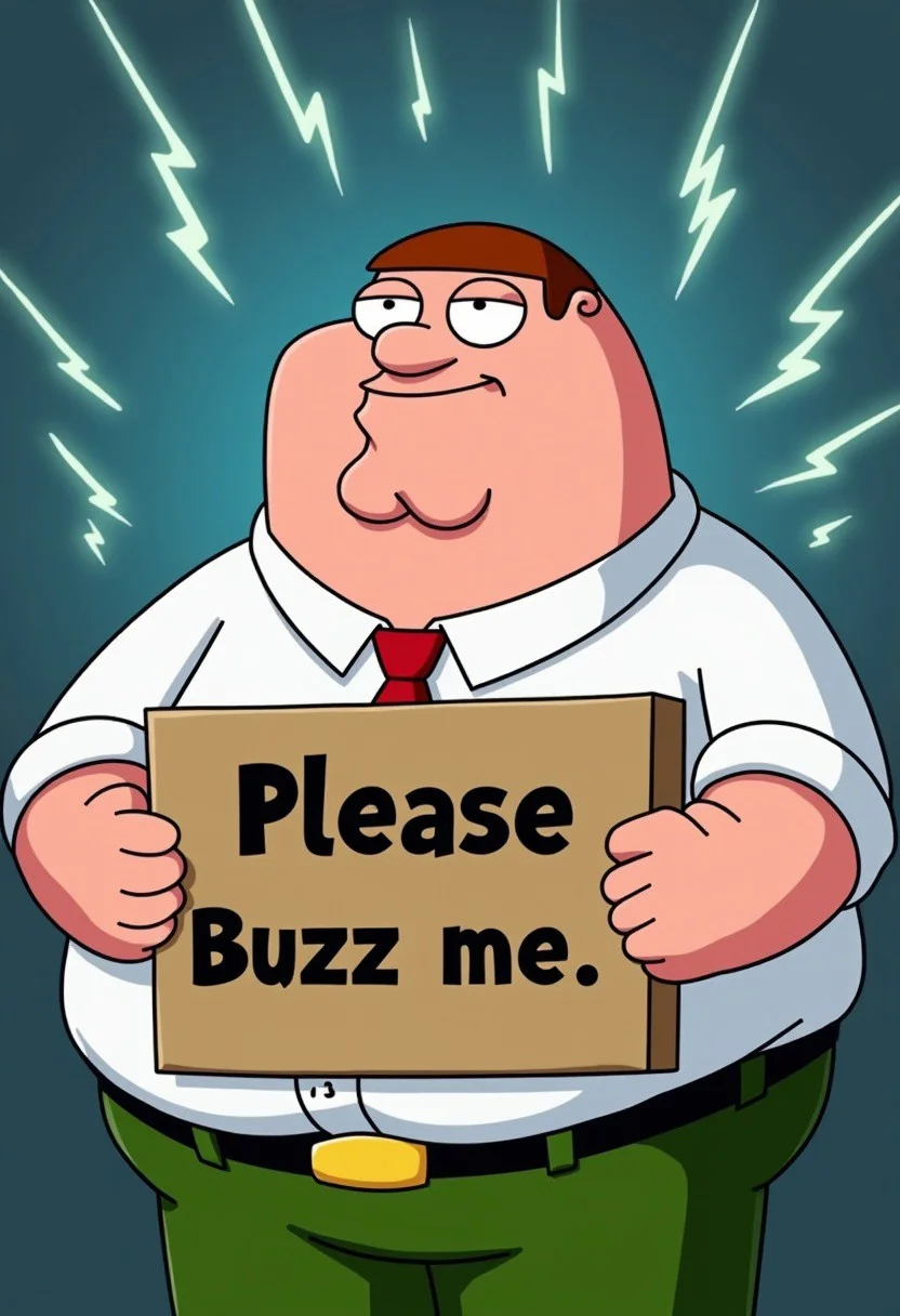 Peter Griffin from Family Guy holding a cardboard that texts: "Please Buzz me." and background is lightning bolts