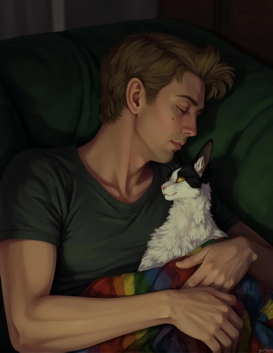 <lora:ck-LttleGhost-000011.safetensors:1> in the style of ck-lttlegh0stA middle-aged man lies on a dark green couch, eyes closed, cradling a cat wrapped in a rainbow-striped blanket. His short light brown hair frames his face, which remains impassive. The cat's white visage with black markings and yellow eye is a striking contrast to the subdued surroundings. The man wears a rumpled, dark green T-shirt, while the background, a blurred green cushion, recedes into obscurity.