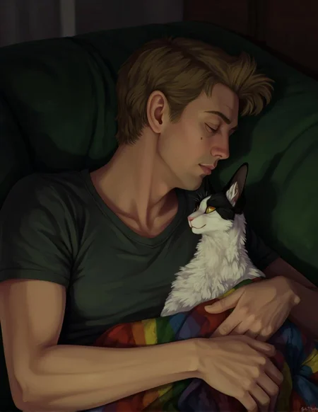 <lora:ck-LttleGhost-000011.safetensors:1> in the style of ck-lttlegh0stA middle-aged man lies on a dark green couch, eyes closed, cradling a cat wrapped in a rainbow-striped blanket. His short light brown hair frames his face, which remains impassive. The cat's white visage with black markings and yellow eye is a striking contrast to the subdued surroundings. The man wears a rumpled, dark green T-shirt, while the background, a blurred green cushion, recedes into obscurity.
