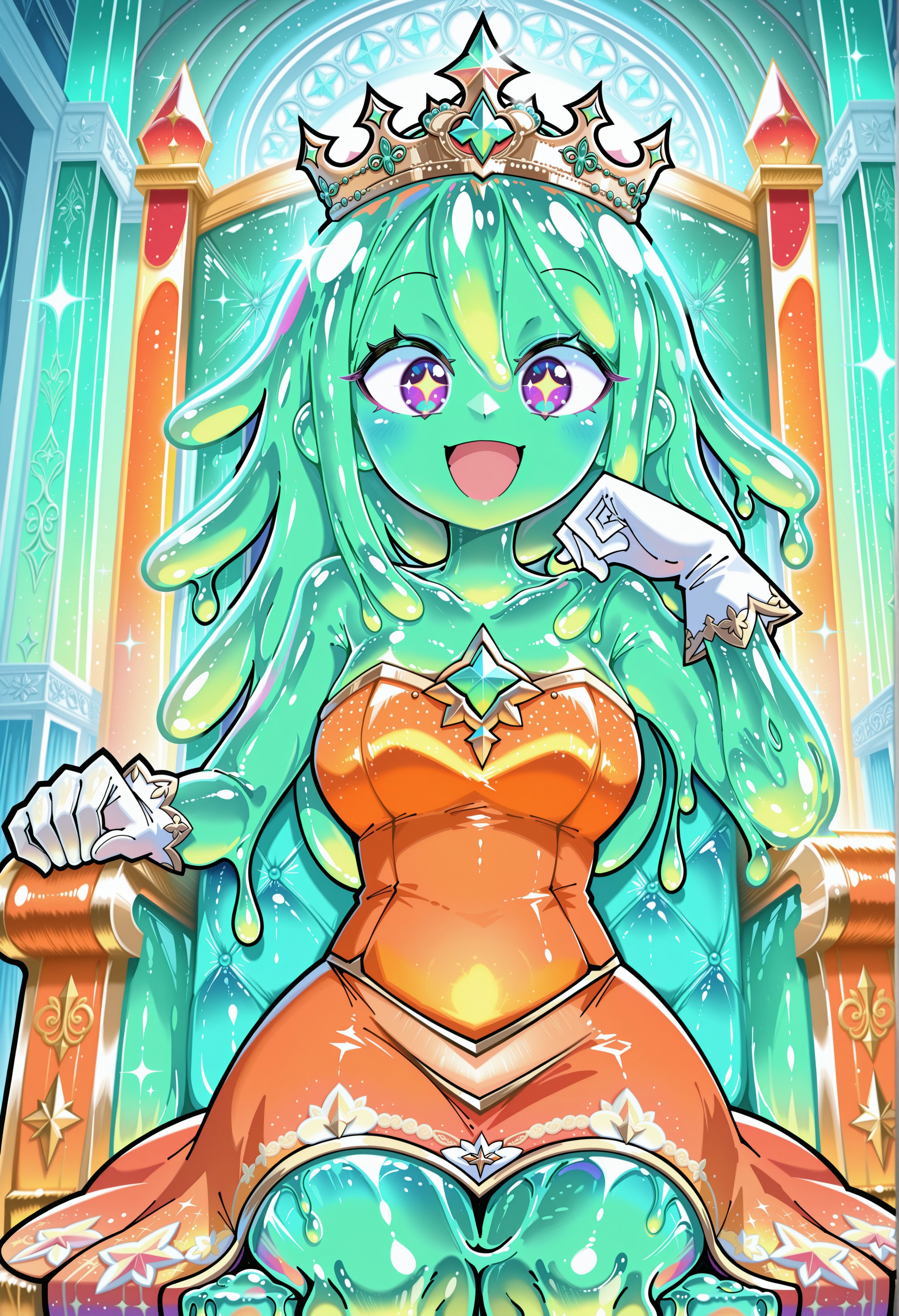 (Funset), masterpiece, best quality, high quality, intricate, 
1girl, (slime girl), monster girl, slime \(substance\), green hair, purple eyes, sparkling eyes, (core, chest jewel),  solo, medium breasts,
(pastel green theme:1.2), green iridescent, princess, iridescent (orange puffy gown), orange princess dress, (gold trim), iridescent gloves, white gloves, iridescent crown, mini crown, happy, smile, open mouth,
indoors, (iridescent palace, iridescent throne, iridescent throne room), (sparkles, sparkling iridescent), sharp focus, (glossy iridescent clothing, glittering iridescent fabric), (embroidery, embroidered dress, embroidered gloves, embroidered crown:1.2),
cowboy shot, sitting on throne, arm rest, no ears,
highly detailed, majestic, movie still, hard light, circular polarizer, colorful, wallpaper, cartoon
