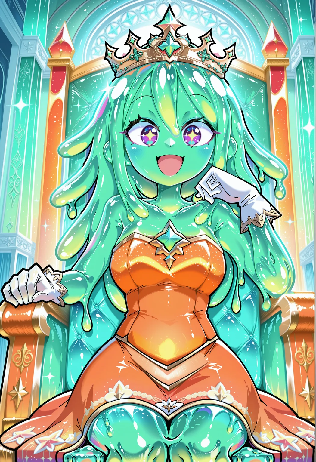 (Funset), masterpiece, best quality, high quality, intricate,
1girl, (slime girl), monster girl, slime \(substance\), green hair, purple eyes, sparkling eyes, (core, chest jewel), solo, medium breasts,
(pastel green theme:1.2), green iridescent, princess, iridescent (orange puffy gown), orange princess dress, (gold trim), iridescent gloves, white gloves, iridescent crown, mini crown, happy, smile, open mouth,
indoors, (iridescent palace, iridescent throne, iridescent throne room), (sparkles, sparkling iridescent), sharp focus, (glossy iridescent clothing, glittering iridescent fabric), (embroidery, embroidered dress, embroidered gloves, embroidered crown:1.2),
cowboy shot, sitting on throne, arm rest, no ears,
highly detailed, majestic, movie still, hard light, circular polarizer, colorful, wallpaper, cartoon