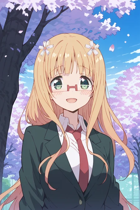 score_9, score_8_up, score_7_up, score_6_up,
<lora:Mitsuki_Sonoda:1> mitsuki, 1girl, solo, glasses, necktie, long hair, smile, green eyes, cherry blossoms, open mouth, blush, school uniform, tree, jacket, petals, :d