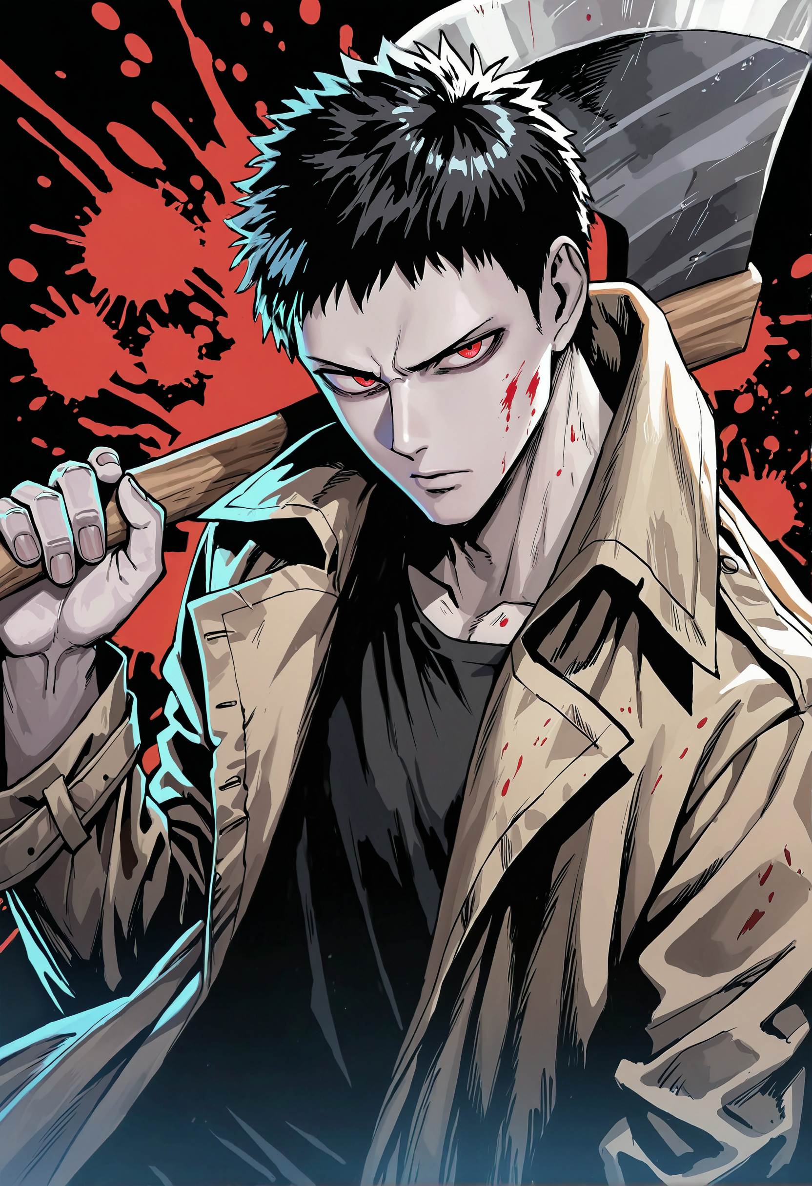 masterpiece, best quality, newest, absurdres, highres, very awa, 1boy, male, male focus, zombieman, holding axe, upper body, looking at viewer, trench coat, black shirt, simple background, black background, splatter background, blood