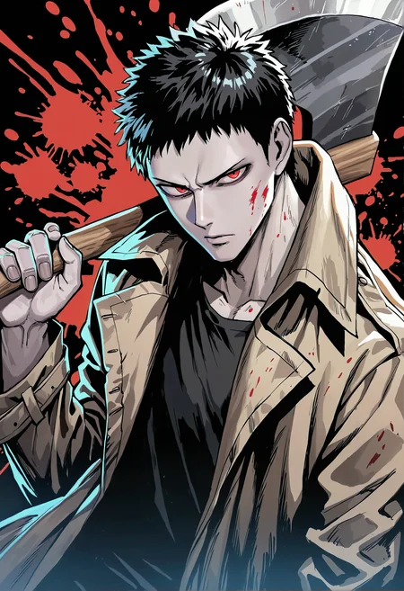 masterpiece, best quality, newest, absurdres, highres, very awa, 1boy, male, male focus, zombieman, holding axe, upper body, looking at viewer, trench coat, black shirt, simple background, black background, splatter background, blood