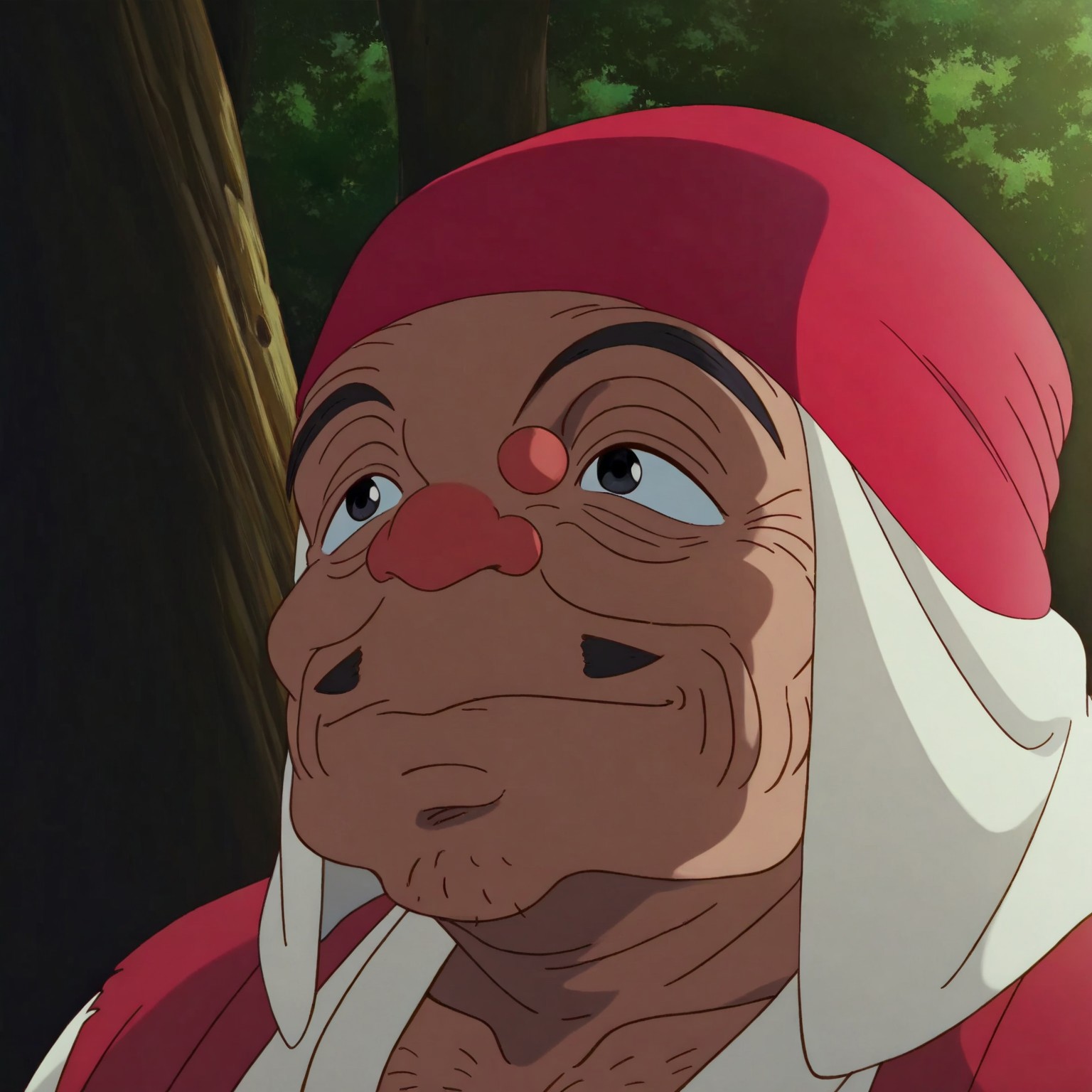 Jigo, 1boy, mustache, red headwear, fat, geta, japanese clothes, kimono, chest hair, fat man, old man, black eyes, short and stocky build, round expressive face with heavy eyelids, thick black eyebrows, subtle stubble on his chin, forest, sitting, masterpiece, best quality, very detailed, highly detailed texture, (highly detailed face, (perfect face, perfect eyes, perfect soft lighting, best shadows, perfect reflections, volumetric, detailed image, high resolution, anime, score_9, score_8_up, score_7_up,