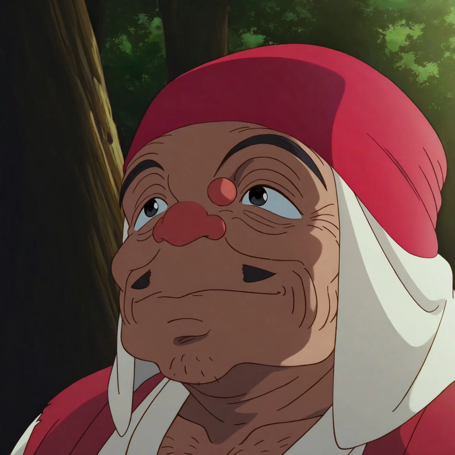 Jigo, 1boy, mustache, red headwear, fat, geta, japanese clothes, kimono, chest hair, fat man, old man, black eyes, short and stocky build, round expressive face with heavy eyelids, thick black eyebrows, subtle stubble on his chin, forest, sitting, masterpiece, best quality, very detailed, highly detailed texture, (highly detailed face, (perfect face, perfect eyes, perfect soft lighting, best shadows, perfect reflections, volumetric, detailed image, high resolution, anime, score_9, score_8_up, score_7_up,