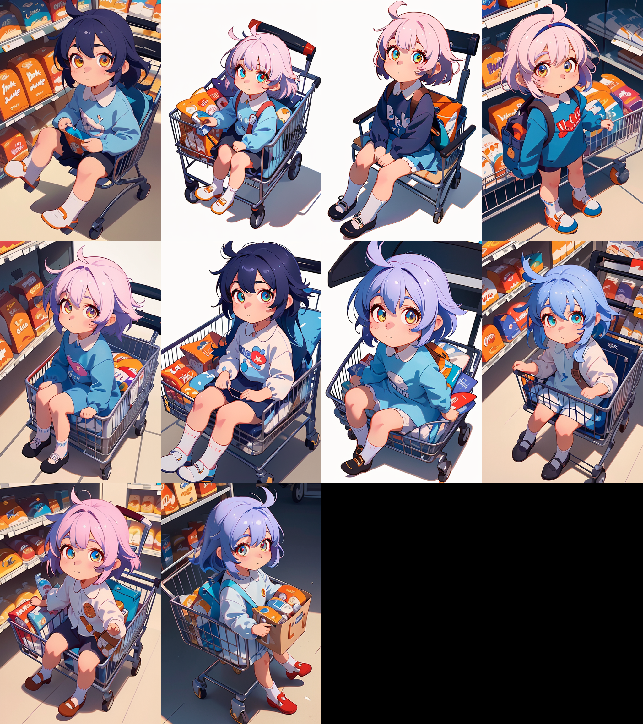 (2d:1.2), wide shot, (dynamic angle:1.1), outline, ((thick lineart)), cover, stylish, official art, (details:1.2), glow:0.2, shadow, 1girl, sttngshppngcrt, bangs, long sleeves, looking at viewer, closed mouth, ahoge, bag, shirt, white socks,<lora:sitting_shopping_cart_00_01:1.0>