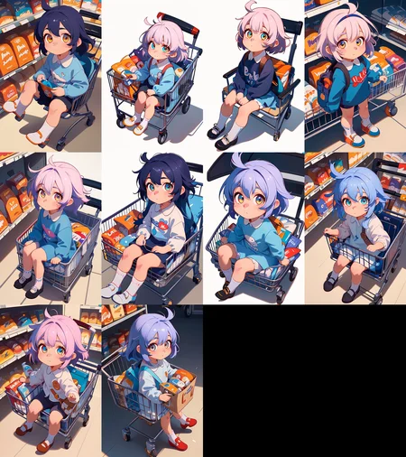 (2d:1.2), wide shot, (dynamic angle:1.1), outline, ((thick lineart)), cover, stylish, official art, (details:1.2), glow:0.2, shadow, 1girl, sttngshppngcrt, bangs, long sleeves, looking at viewer, closed mouth, ahoge, bag, shirt, white socks,<lora:sitting_shopping_cart_00_01:1.0>