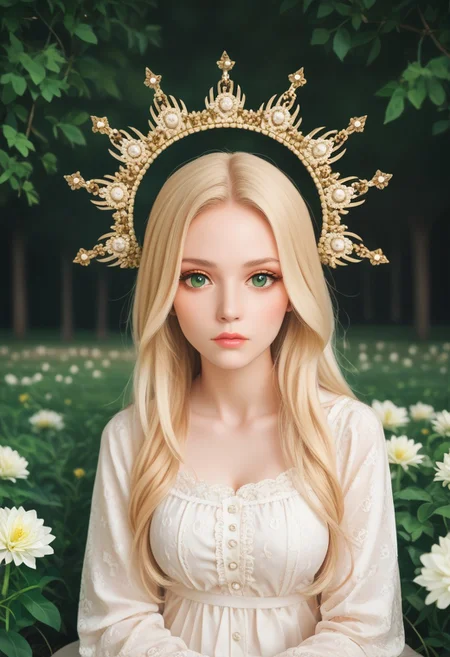 score_9, score_8_up, score_7_up,
masterpiece, best quality, detailed, amazing quality,
detailed background, park, flowers,
detailed eyes, clean eyes,
solo, 1girl, long hair, green eyes, blonde hair,
dynamic pose, sitting in grass,
easynegative,
h3l0cr0wn, headwear