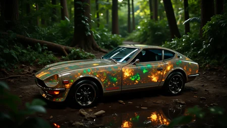 Deep within the Amazon Rainforest, the 1972 Nissan Datsun 240Z Fairlady emerges with an opalescent ral-opal body infused with hues of lush green, earthy brown, and golden sunlight reflections. The glowing patterns ripple like flowing water, mirroring the vibrant jungle canopy above. Soft, diffused light filters through the trees, highlighting the smooth, intricate opal textures on the carâs sleek body. Resting on a glossy, rain-soaked forest floor, the black alloy wheels with polished lips contrast against the rich, glowing hues of the environment.
<lora:ral-nssndtsn:1.1> <lora:ral-opal-flux:1>