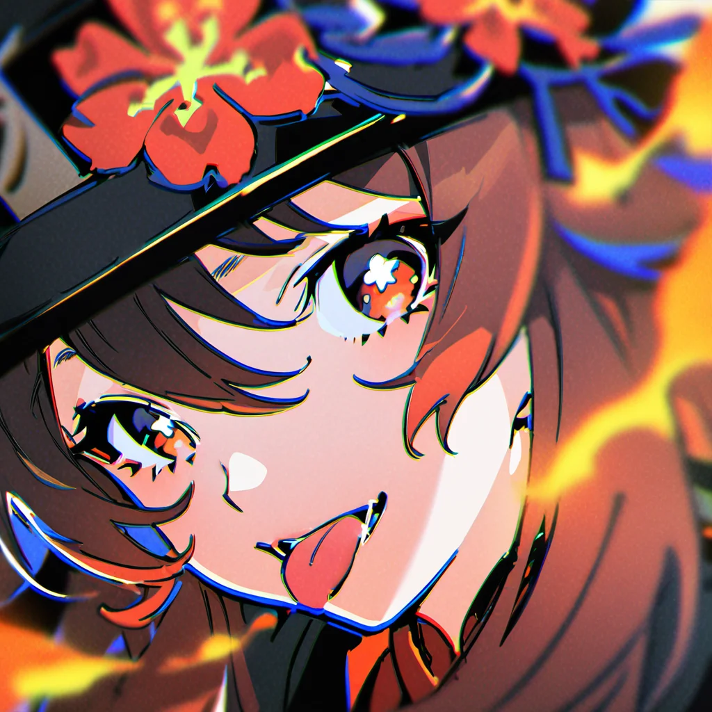 masterpiece, best quality, <lora:yoneyama-a31-000020:1>,yoneyama mai, 1girl, solo,face,close-up,blurry, chromatic aberration,hu tao \(genshin impact\),fire,fire theme,hat,hat flower,cool girl,tongue out,