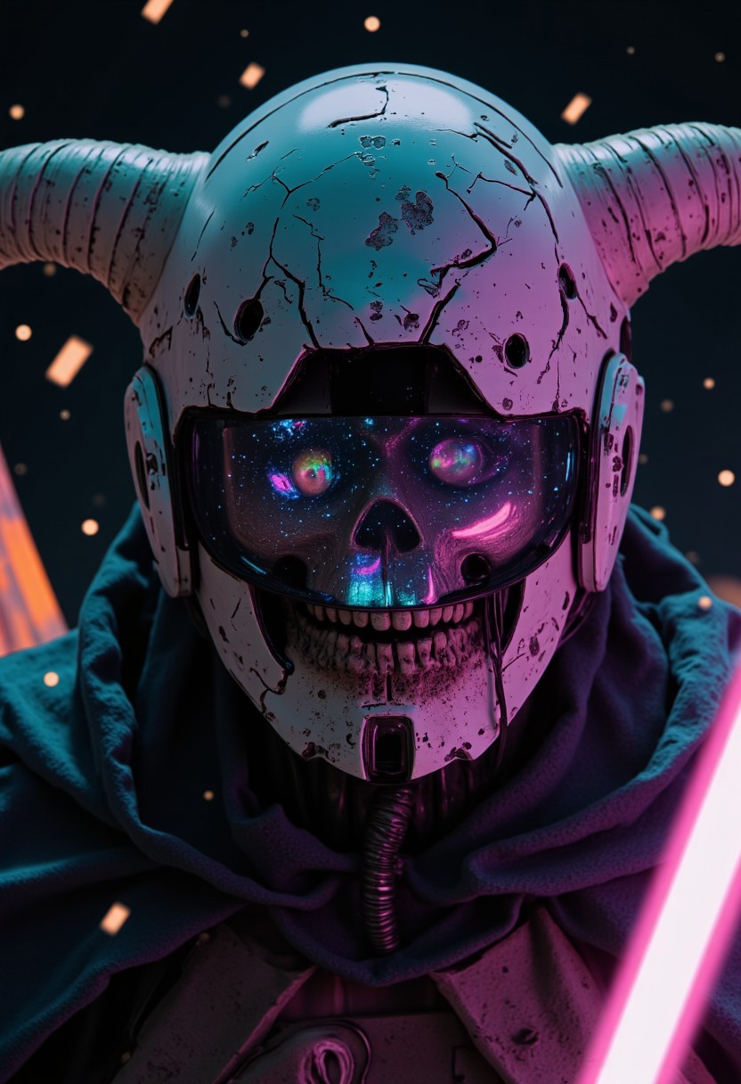 Extreme closeup of the Shinigami’s head — a haunting relic of a forgotten, post-future era. The cracked, angular helmet clings to its gaunt skull like fractured glass, edges glinting faintly with spectral neon reflections — ghostly remnants of long-extinct stars. Faded 80s pastel hues and washed-out neon oranges and cyans bleed across the helmet’s corroded surface, warped like an old VHS tape left too long in the sun. Beneath the broken visor, crimson eyes smolder, flickering like dying embers through a veil of dust and digital static.
The skeletal face beneath is barely visible — a distorted mesh of bone and shadow, partly wrapped in the tatters of a cloak that whispers in slow motion, shimmering with faint lofi color noise. Subtle film grain crawls across the scene, as if the image were recorded through a broken camera drifting through space. Behind the head, hints of a derelict spaceport blur into abstract shapes — decaying solar sails flicker weakly, casting soft, warped glows onto the Shinigami’s cheekbones.
Occasional sparks and soft orange flashes reflect off the smooth curve of the helmet, as if distant explosions are trying to reach this deathly stillness. A faint hum pulses from somewhere off-screen — perhaps the glow of a cracked energy bat just out of frame. The entire frame pulses with a grim, melancholic tension, like a ghost caught in the frame of a broken anime dream.