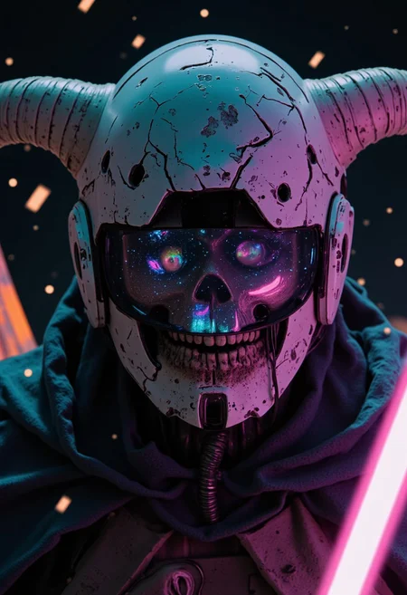 Extreme closeup of the Shinigami’s head — a haunting relic of a forgotten, post-future era. The cracked, angular helmet clings to its gaunt skull like fractured glass, edges glinting faintly with spectral neon reflections — ghostly remnants of long-extinct stars. Faded 80s pastel hues and washed-out neon oranges and cyans bleed across the helmet’s corroded surface, warped like an old VHS tape left too long in the sun. Beneath the broken visor, crimson eyes smolder, flickering like dying embers through a veil of dust and digital static.
The skeletal face beneath is barely visible — a distorted mesh of bone and shadow, partly wrapped in the tatters of a cloak that whispers in slow motion, shimmering with faint lofi color noise. Subtle film grain crawls across the scene, as if the image were recorded through a broken camera drifting through space. Behind the head, hints of a derelict spaceport blur into abstract shapes — decaying solar sails flicker weakly, casting soft, warped glows onto the Shinigami’s cheekbones.
Occasional sparks and soft orange flashes reflect off the smooth curve of the helmet, as if distant explosions are trying to reach this deathly stillness. A faint hum pulses from somewhere off-screen — perhaps the glow of a cracked energy bat just out of frame. The entire frame pulses with a grim, melancholic tension, like a ghost caught in the frame of a broken anime dream.