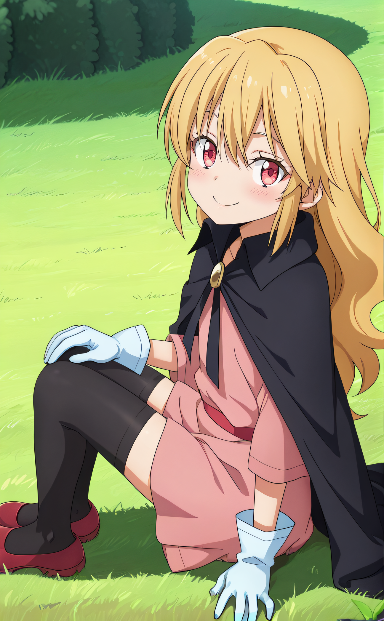 masterpiece, best quality, highres, newest, 1girl, solo, official style, anime screencap, <lora:IL_Alice_Rondo:1>, alicerondo, red eyes, blonde hair, long hair, black cape, pink dress, red belt, white gloves, black thighhighs, red shoes, looking at viewer, outdoor, full body, blush, sitting on grass, from side, side view, smile