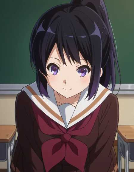 score_9, score_8_up, score_7_up, source_anime,
reinakousaka, <lora:reina-kousaka-ponyxl-lora-nochekaiser:1>,
reina kousaka, long hair, bangs, black hair, purple eyes,
ponytail, skirt, shirt, long sleeves, school uniform, pleated skirt, serafuku, neckerchief, brown skirt, white sailor collar, brown shirt, kitauji high school uniform, red neckerchief,
indoors, classroom, bent over, smile,
looking at viewer, cowboy shot, dutch angle,