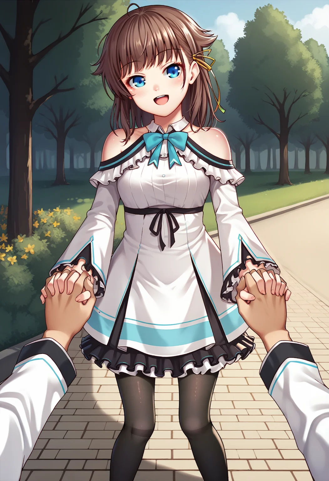 score_9, score_8_up, score_7_up, BREAK, park, holding hands, pov, open mouth, smile,
<lora:kashiwazakikanav2:0.9>, kashiwazakikana, brown hair, blue eyes, hair ribbon, kanacasual, frilled dress, black pantyhose, shoulder cutout