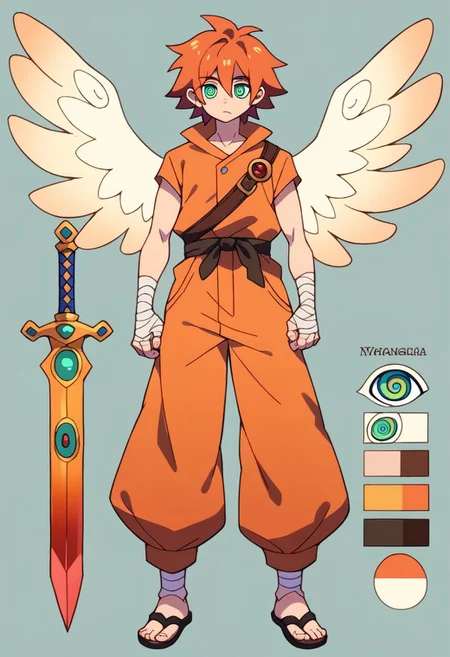 score_9, score_8_up, score_7_up, score_6_up, simple background, character sheet, looking at viewer, full body, 1boy, solo, character sheet, reference sheet, young man, white spiky hair, medium hair, green spiral eyes, pale skin, orange coat, baggy pants, hand wraps, arm wraps, sandals, alien angel wings, one hand with a Omega Sword