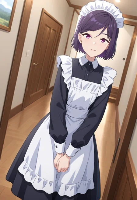 masterpiece,best quality,absurdres,perfect lighting,indoors,wooden floor,hallway,door,painting (object),stairs,
*//*,<lora:HealerGirl_AoiTorino-Illustrious:1>,aoi_torino,1girl,solo,purple hair,short hair,half updo,purple eyes,mole under eye,black dress,maid headdress,maid,apron,ong sleeves,white pantyhose,
*//*,looking at viewer,cowboy shot,dutch angle,dynamic pose,light smile,v arms,