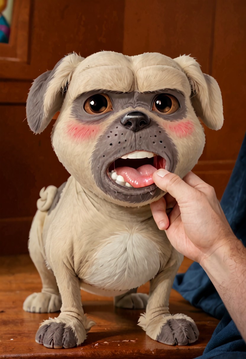 Monroe, pug, solo:1, feral, no sclera, Expressiveh, excited expression, blushing lightly, looking down, holding bone in mouth, cartoonish bone,
BREAK
Extreme detail, Photographic, RAW Photo, realism, realistic fur, realistic lighting, realistic texture, depth of field,