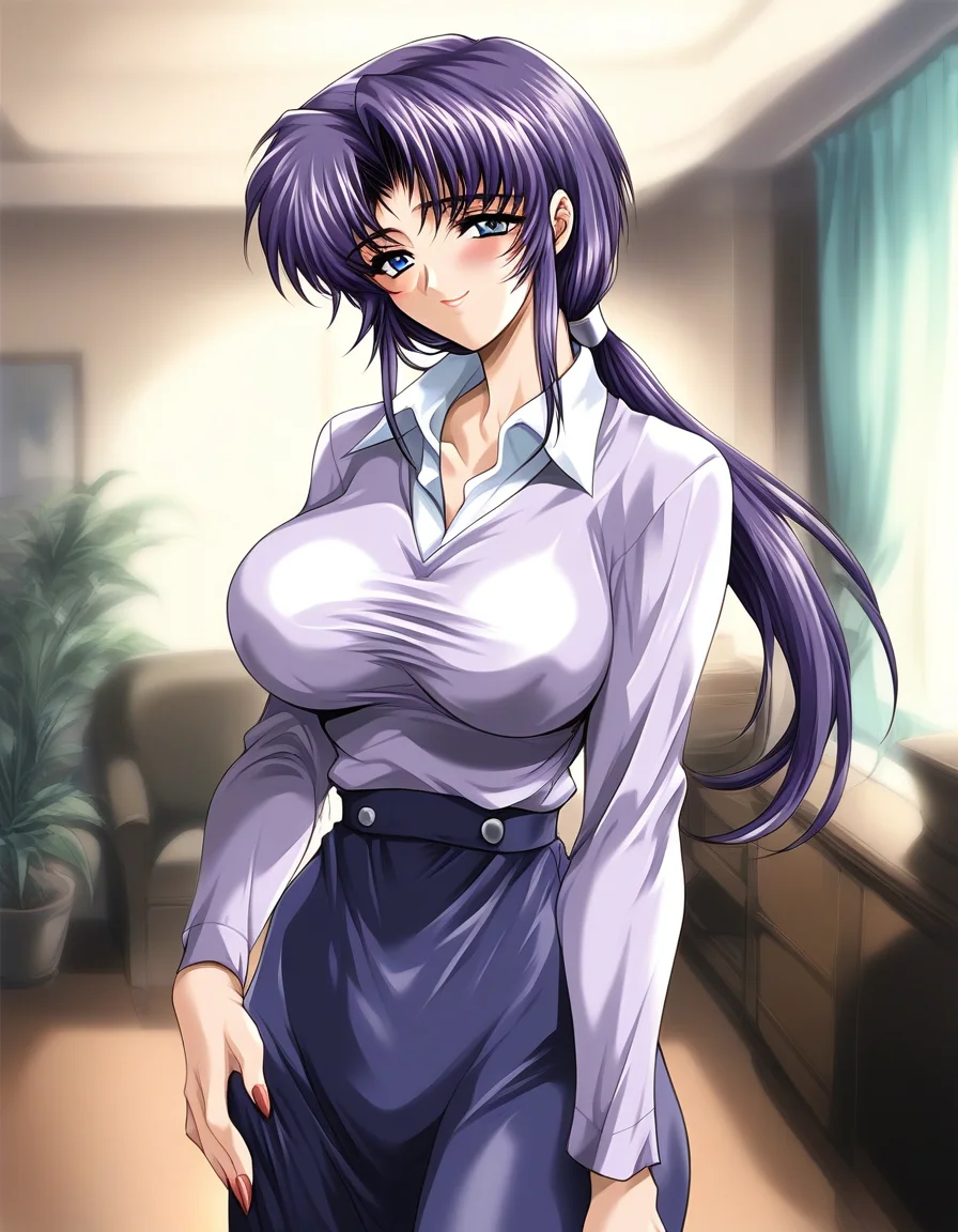 score_9, score_8_up, score_7_up, source_anime, rating_explicit, BREAK <lora:Kanou_Nagisa_XL:1> KanouNagisa, purple hair, blue eyes, large breasts, long hair, low ponytail, mature female, sidelocks,
1girl, solo, hands down, blush, smile, light purple long sleeves, shirt,
looking at viewer, sweater, nail polish, collared shirt, bangs, fingernails, skirt,
room, curtain, flooring,