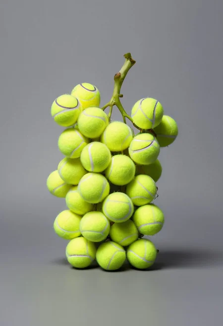 One object, gray background, grapes made out of tennis balls