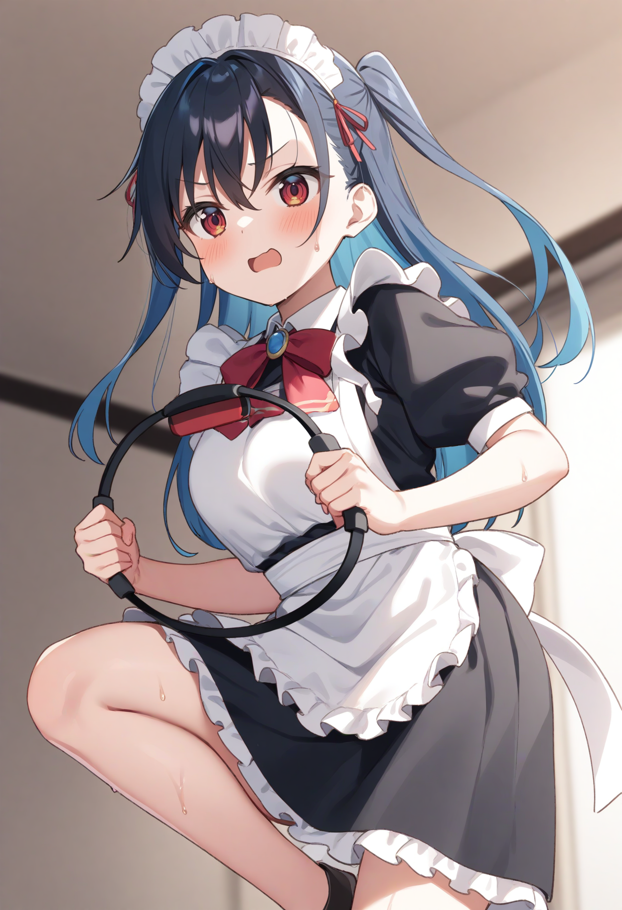 1girl,sincos, ningen mame, toosaka asagi,solo,medium breasts,20yo,maid,maid headdress,
ring fit adventure, knee lift, ring-con, sweat, standing on one leg, running,holding,
<lora:ringfitadventure_XL_v1:0.8>
ceiling, feet out of frame, looking up, blue hair, red eyes,grimace, open mouth, one side up hair,,
best quality, very aesthetic, absurdres