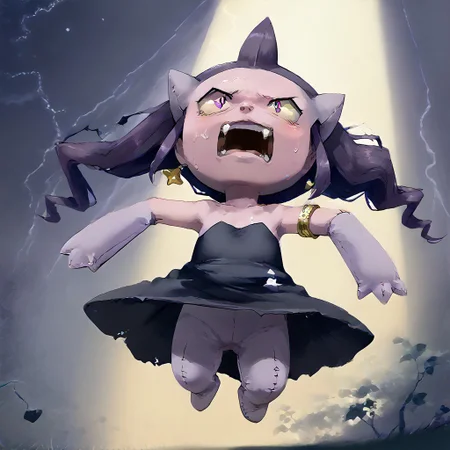 score_9, score_8_up, score_7_up, score_6_up, (((corrupted, possessed))), asymmetrical partial transformation, (cutie), full body, petite cute, plush proportions, (banette girl), transformation, bytransform, feral transformation, (feral), mid-transformation, nubile 18yo girl, f3mp0v, (realistic fabric texture, realistic skin), acerola partially transformed into a banette, her arms are growing unnaturally long flat as they asymmetrically unevenly transform into long banette arms with larger forearms, her legs are shrinking and asymmetrically very short, tiny nub legs, featureless feet, orso is starting to shrink and become round transforming into a banette torso, bright pink skin torso arms legs, (her dress is falling off:1.2), Banette, solo, pokemon (creature), fabric skin, acerola (pokemon), collarbone, purple dress, stitches, multicolored dress, armlet, short, ((intense pleasure and (intense fear))), shouting, screaming, scared, sweating, dotted seams, (cutie, young, soft features:1.1), evening, bedroom, scary, empty, dark, low lighting, well lit, dim, ripped clothes, dynamic lighting, nighttime, night time, anthro face, tiny legs, living plushie, animate inanimate