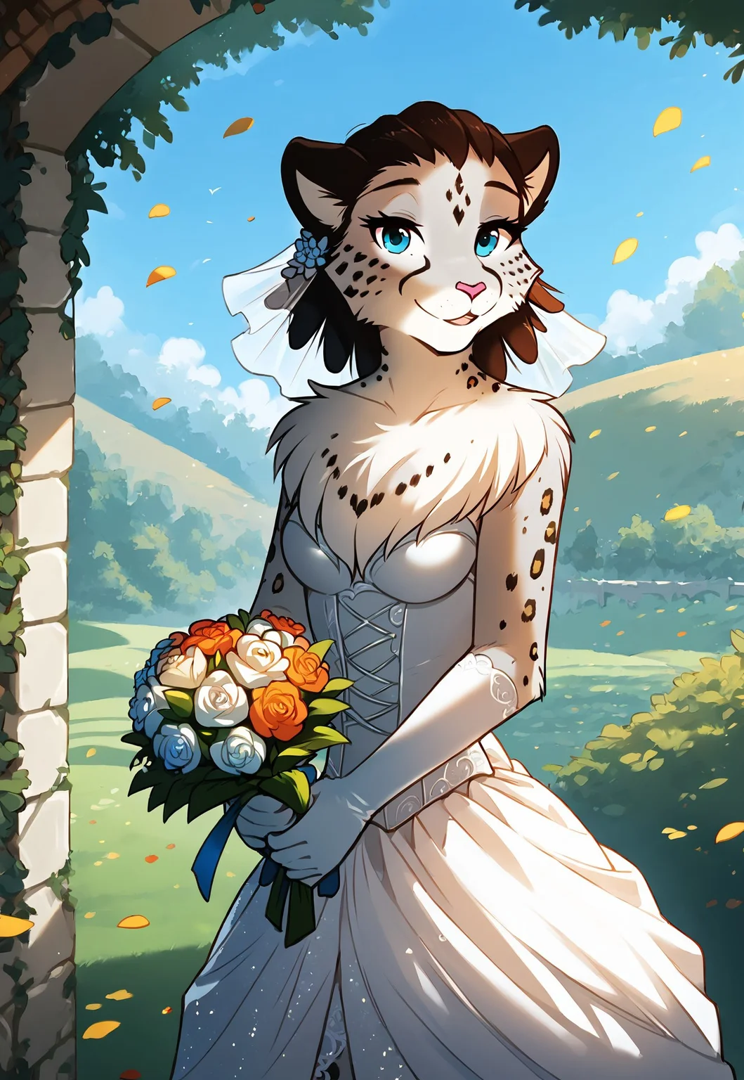 score_9, score_8_up, score_7_up, masterpiece, best quality, good quality, highly detailed, absurdres, Expressiveh, detailed background, outdoors, wedding chapel, wedding decorations, 1 girl, solo, anthro, adira-riftwall-twokinds, leopard tail, wedding dress, holding bouquet, looking at the viewer, smile, happy
