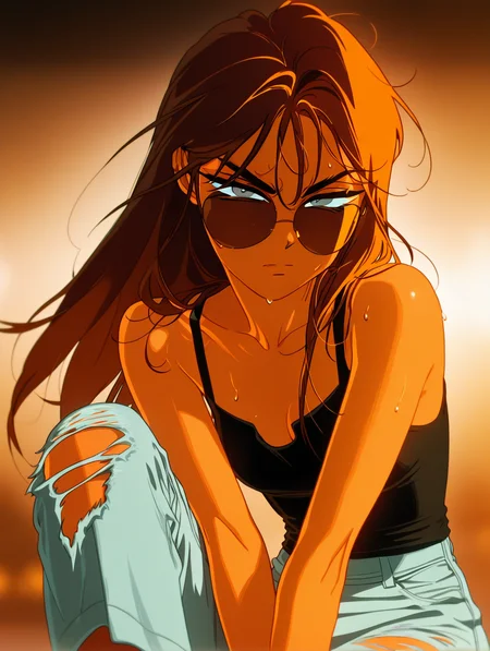 wiegevivinos, hyunawiege, adult, 1girl, solo, sweat, grey eyes, sweat, blurry background, warm light, serious expression, tan skin, long hair, brown hair, hair againts the wind, brown retro sunglasses, golden hue, black singlet, ripped jeans, pose, head_tilt, knee_up, sitting