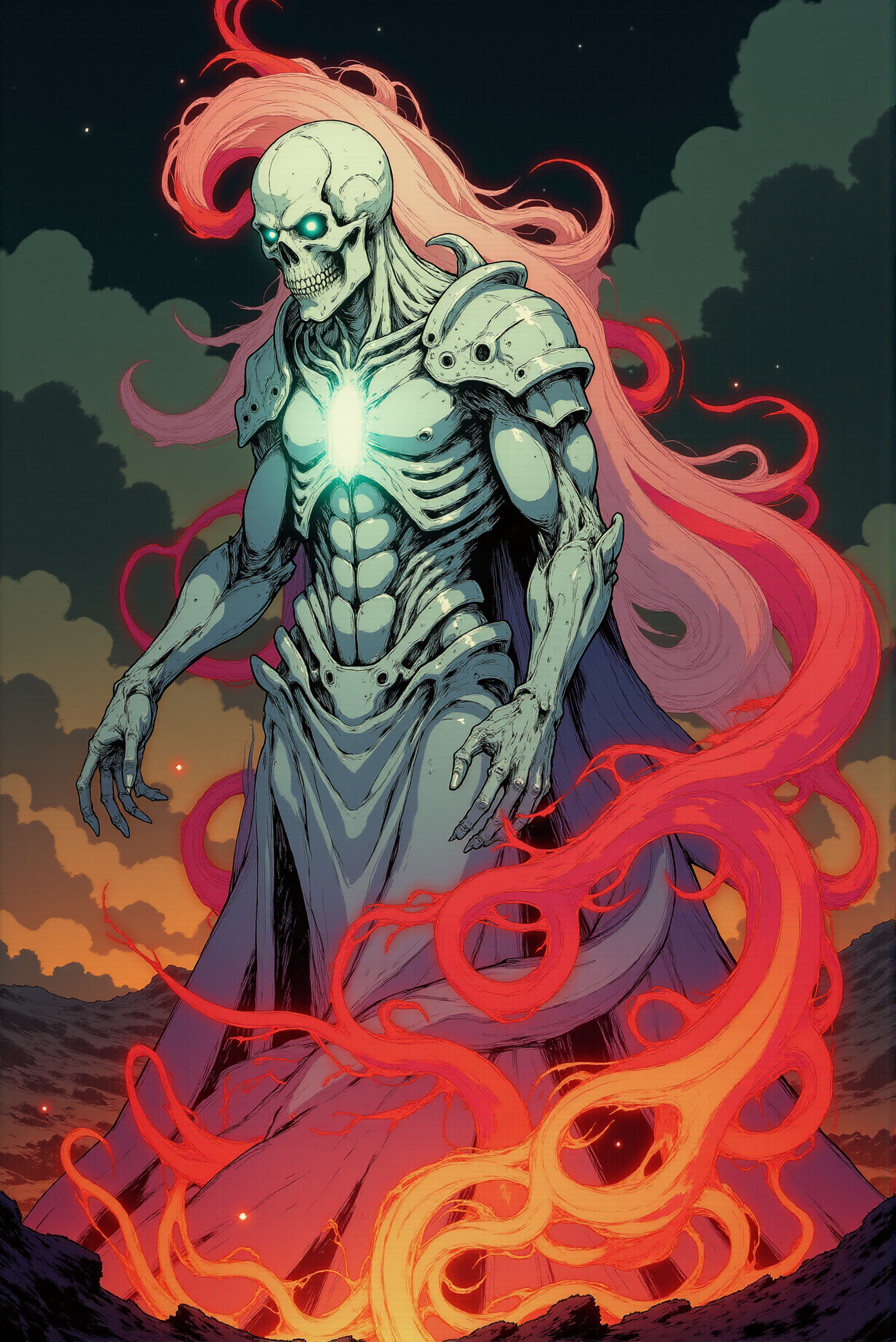 DGC style.
The image presents a haunting figure shrouded in a supernatural aura, standing amidst an eerie, crimson-tinged landscape. The spectral entity, with a ghostly white, elongated skull-like face, appears to rise from a swirling mass of dark and blood-red energy that billows around its gaunt, armored frame. Its skeletal torso is clad in jagged, bone-like armor with sharp, organic ridges, glowing faintly with an icy blue luminescence that contrasts with the surrounding fiery hues. The darkened sky above is painted in deep navy and charcoal, speckled with faint stars that are muted by the ominous red glow radiating from the ground. Streaks of fiery crimson cut across the barren terrain, forming ethereal trails of light that snake through the desolate surroundings. The figure's withered arm extends outward, fingers clawed as if commanding or summoning the swirling power around it, while its translucent body appears to blur at the edges, merging with the violent energy in a spectral haze. The terrain beneath the figure is charred and lifeless, with tufts of darkened, twisted grass catching subtle hints of red illumination. This interplay of light and shadow, combining frigid blues with molten reds, imbues the scene with a sense of otherworldly menace, creating a powerful juxtaposition between decay and unrelenting, spectral energy. The figure stands as an embodiment of death and destruction, poised in an eternal, ominous stillness.
<lora:Dark_Gothic_Comic_style_r2:1.2>